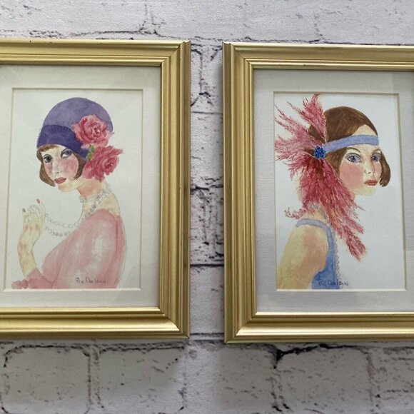 Signed Peg Carlson 2 Illustrations Paintings Flapper Women 8" X 6.5" Framed Vtg‎ - Picture 1 of 16